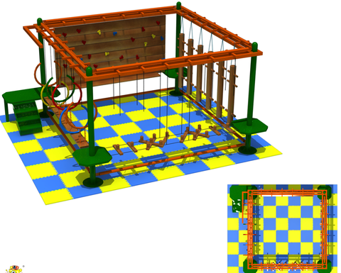 Patio de juegos de madera con cuerdas Curso de cuerda Aventura con muro de escalada